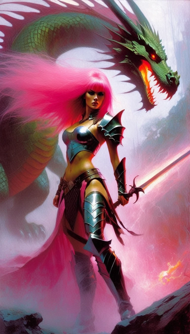 sexy warrior girl in armor, long pink hair, in a battle next to a dragon, fierce battle, dense fog, fire (art inspired in Bill Sienkiewicz). oil painting)
