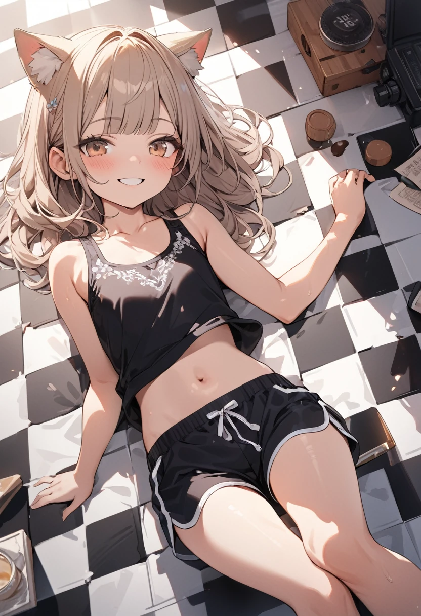 ((Masterpiece)), ((best quality)), (ultra-detailed), ((kawaii)), ((extremely detailed)), 4K, (8K), (super detail:1.2),(High Definition:1.3), (Professional Photography:1.2), from above, (wide shot), cinematic lighting, (sharp focus), (perfect light), ((1girl)), (()), put on cat ears, cute young girl, ((Embroidered cute tanktop)), cute dolphin shorts, (naughty smile), (Beautiful brown eyes), (small chest), (bare arms), cute navel, Healthy skin, (Healthy slim body), ((pale brown hair)), (loose blunt bangs), silky and straight hair, (medium hair), BREAK, ((best quality)), ((extremely detailed)), ((lie on your back)), (Checkerboard check Pattern Background:1.3), Checkerboard check floor,