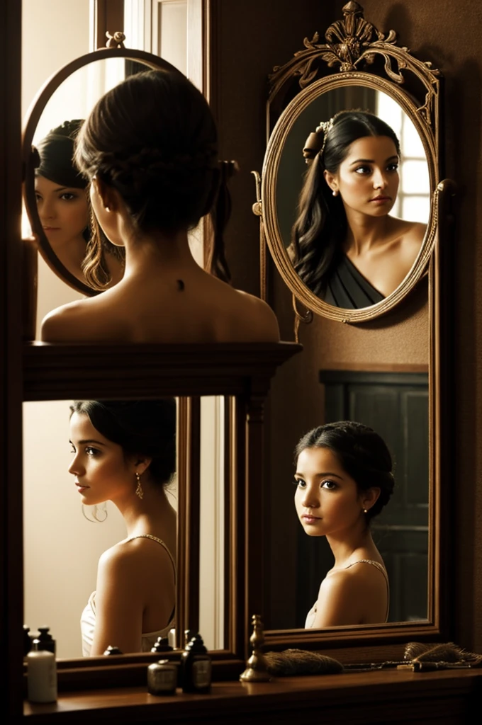 The princess looking in the mirror and behind her a witch