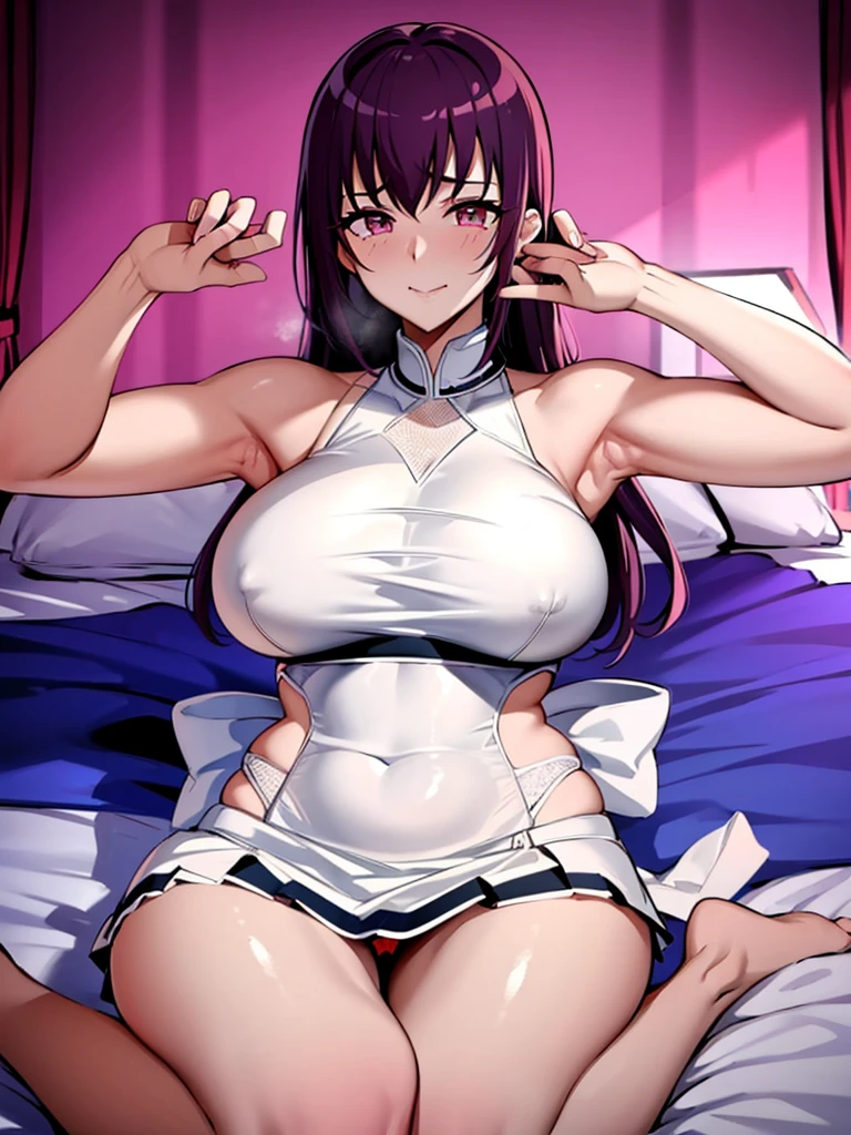 Highest quality, expensive_solve, clear_image, Detailed Background , female、Married Woman、Adultrostitution、NTR、Delivery Health、Prostitute、Tennis Wear、Tennis Costumes、純白のTennis Wear,Costume Play、Detailed costume、Costume Emphasis、Pink undercoat、Sweaty clothes、shiny black hair、Shortcuts、Bedroom、 night,Big Breasts、Costumes that look like they're going to tear、Tight outfit、Plump、Naughty smile、Sweaty、Skirt flip、Hot Breath、expectant face、Detailed costume、Detailed face、Sit on the bed with your legs apart、Sit on the bed with your knees apart、Love hotel bedroom、The underwear on the lower half of the body is completely visible、Scene where she invites a man、Fellatio gestures、Jerking off gesture