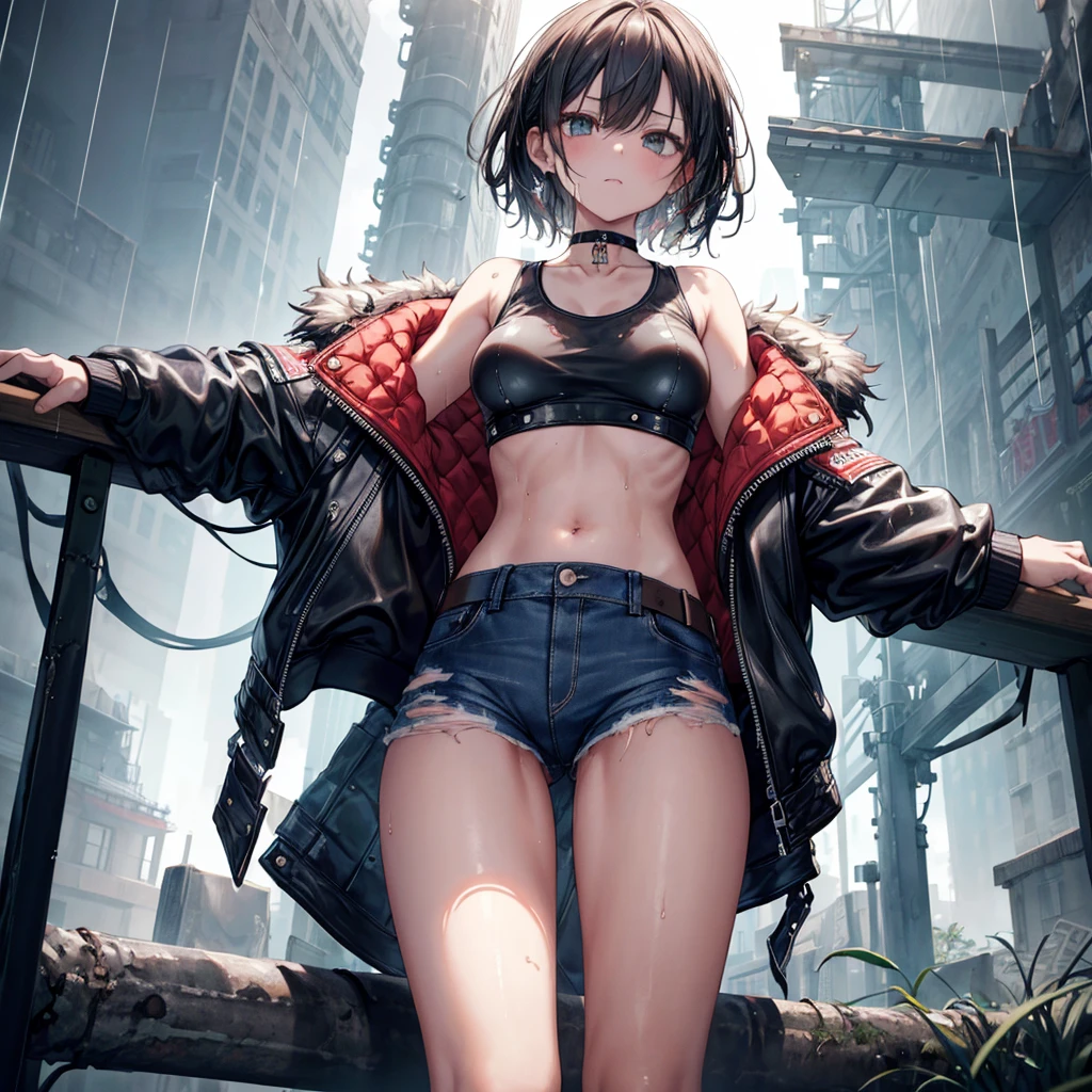 ((Highest quality)), ((masterpiece)), ((detailed)), (4K),1girl, 独奏, crop top, leather jacket, torn jeans, choker, bracelet, (rain), ((wet)), see through, (expressionless), scowl, (from below), (looking down), looking at viewer, (open legs), wasteland, town