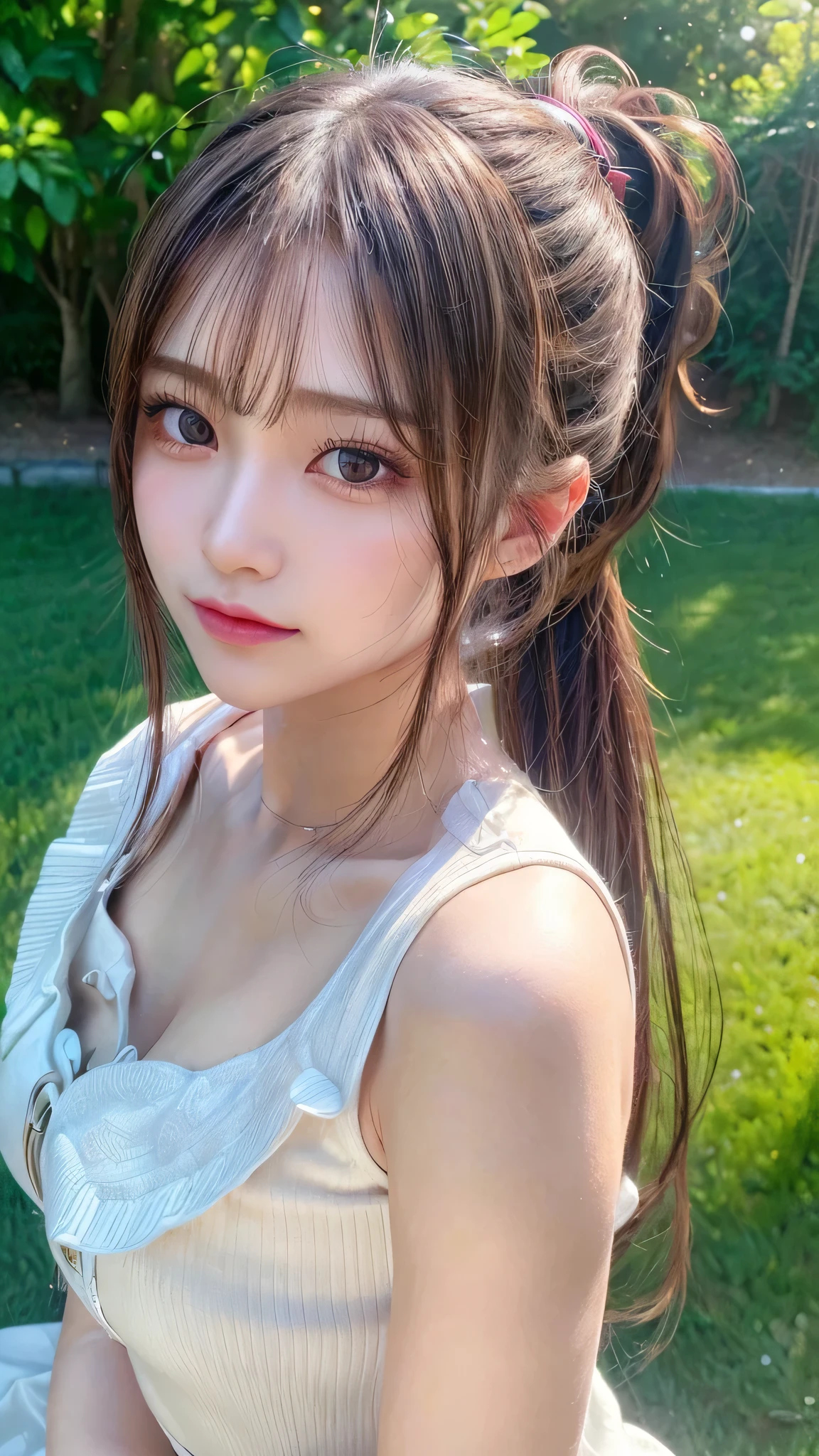 One piece with collar,outdoors,Urban Park,On the lawn,Ultra-detailed, finely detail, hight resolution, 8K Wallpaper, Perfect dynamic composition, Beautiful detailed eyes,Outdoor,Close-up of face,Outdoor,Blushing,Facing forward,,Long hair ponytail,((8k, Raw photo, Best Quality, Mastepiece:1.2), (Realism, Photorealistic:1.4), (Highly detailed 8K wallpapers), Depth of written boundary, Cinematic Lighting, Soft Light, Detailed Beauty Eye,Shiny and smooth light brown ponytail, Asymmetrical bangs, Shiny skin, Ultra-detailed skins ,It is high resolution., High detail, Detailed hairstyle, Detailed facial beauty, Hyper-realistic, Perfect limbs, Perfect Anatomy ,1 Japanese girl,Famous Japanese Idols, Perfect female body,A shy smile,Short eyelashes,Double-edged eyelids,Look straight here,Hair style: ponytail,