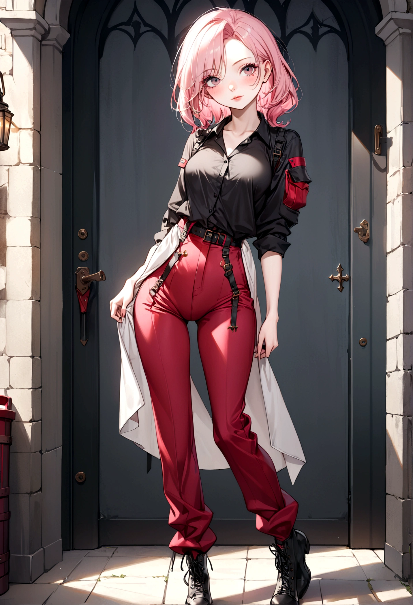 (masterpiece, Best quality, 32 thousand.), (((facing the viewer, full height))), ((full body)), Young age girl with pink hair , ((pink глаза)), ((Eyeliner)), ((Beautiful face, sultry face, mischievous face, fine features, sexy face)), ((pale skin, Smooth skin, perfect skin)), ((cute outfit, Stylish outfit, Medieval attire, fantasy outfit, tactical equipment:1.3)), ( Red pants )