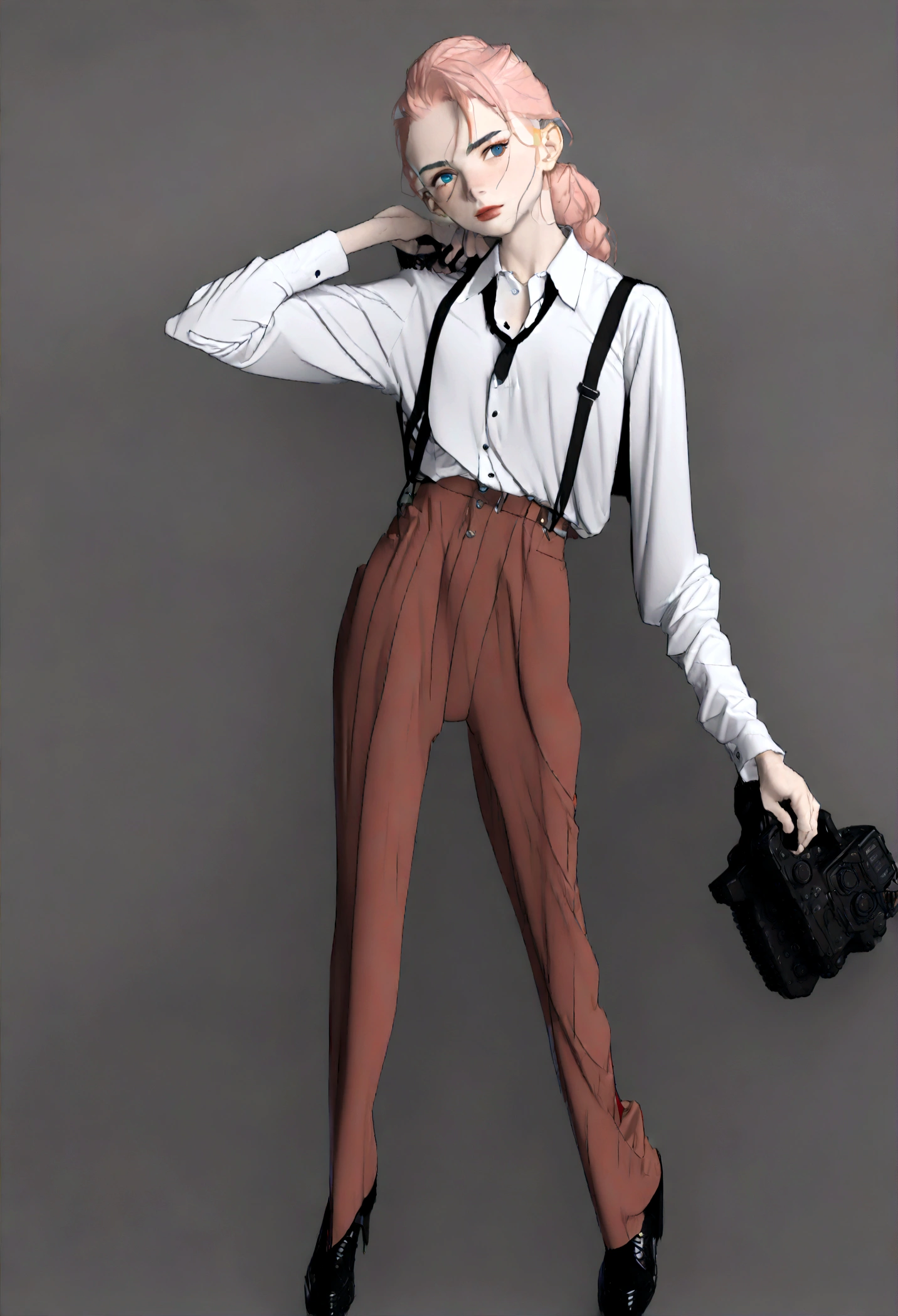 (masterpiece, Best quality, 32 thousand.), (((facing the viewer, full height))), ((full body)), Young teenage girl with pink hair , ((pink глаза)), ((Eyeliner)), ((Beautiful face, sultry face, mischievous face, fine features, sexy face)), ((pale skin, Smooth skin, perfect skin)), ((cute outfit, Stylish outfit, Medieval attire, fantasy outfit, tactical equipment:1.3)), ( Red pants )