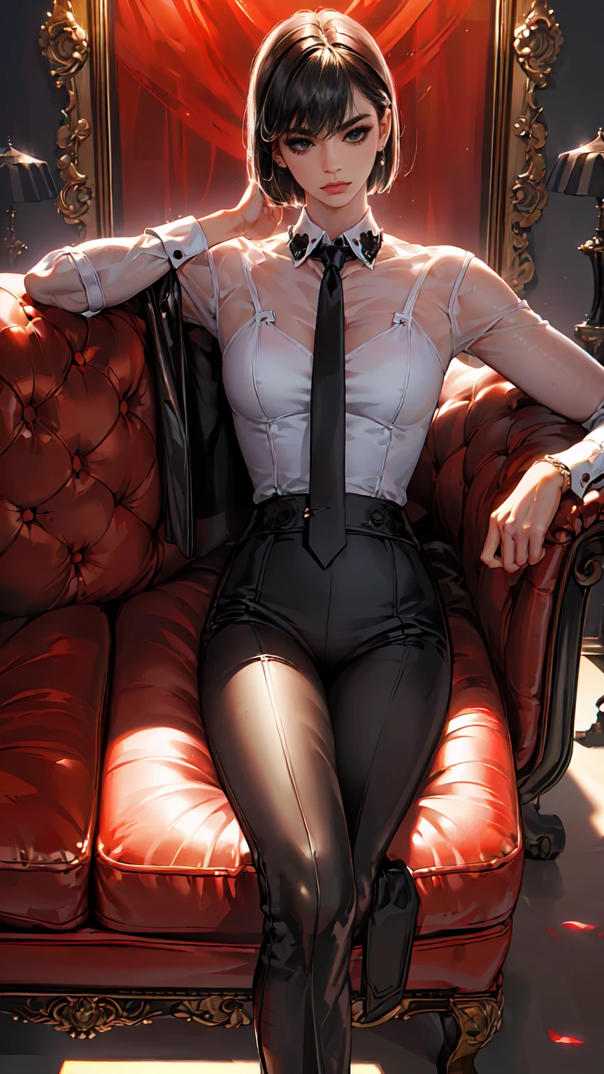 (Epic Showcase Designs in Detail)(Masterpiece, Best Quality, Ultra High Resolution , Digital Art,Beautiful and Aesthetic )Perfect proportions of the body , not an ordinary perspective . ( One Fashionable adult girl with a short oblique bob, slender figure, ) in modern suit in professional performance , long tie , (silk thick threads of red color connect the necklines on the sides of the whole suit) , . The character sits on a large massive leather sofa , an interesting and atmospheric pose ,( 2.5D style . realistic anatomy , beautiful perspective . Best image quality , pastel color , focus on the face , well detailed eyes , detailed background in modern boudoir style . )