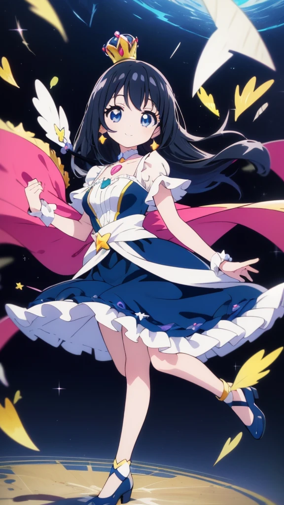 best quality, extremely detailed, anime style adult 1girl, long hair down to the waist, straight hair, ((dark black hair with bluish)),crown braid,beautiful detailed eyes, pinched eyes, dark blue eyes, huge breasts,curvy,(((princess motif magical dress))),longskirt,Clothing with intricate decorations,((feather and colorful accessory)),((foppery shoes)),fluttering cloak,((((light smile)))),((((under starrysky)))),animation cap,animated gif,((in precure style))