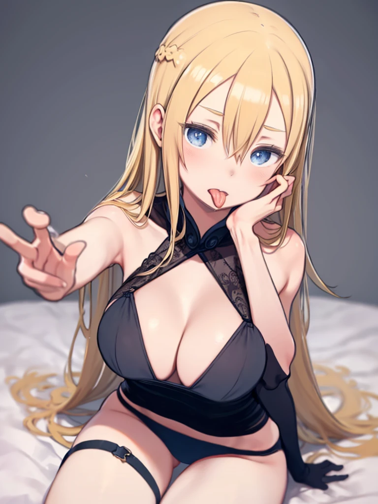 A black bra with attention to detail, Detailed black panties, Large Breasts, sit, On the bed, Long blonde、Hair between the eyes、 blue eyes, break (Fellatio gestures:1.2), Open your mouth, Leaning forward, (Long Tongue:1.3), (Place your hand near your mouth)