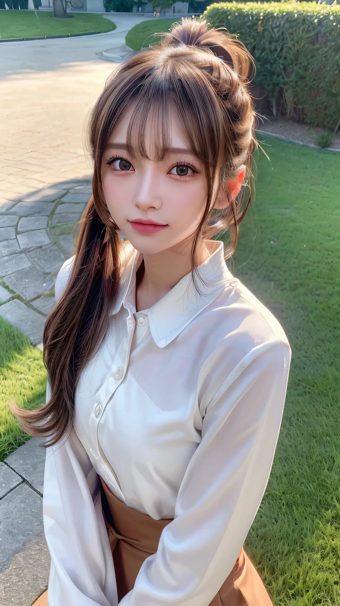 One piece with collar,outdoors,Urban Park,On the lawn,Ultra-detailed, finely detail, hight resolution, 8K Wallpaper, Perfect dynamic composition, Beautiful detailed eyes,Outdoor,Close-up of face,Outdoor,Blushing,Facing forward,,Long hair ponytail,((8k, Raw photo, Best Quality, Mastepiece:1.2), (Realism, Photorealistic:1.4), (Highly detailed 8K wallpapers), Depth of written boundary, Cinematic Lighting, Soft Light, Detailed Beauty Eye,Shiny and smooth light brown ponytail, Asymmetrical bangs, Shiny skin, Ultra-detailed skins ,It is high resolution., High detail, Detailed hairstyle, Detailed facial beauty, Hyper-realistic, Perfect limbs, Perfect Anatomy ,1 Japanese girl,Famous Japanese Idols, Perfect female body,A shy smile,Short eyelashes,Double-edged eyelids,Look straight here,Hair style: ponytail,
