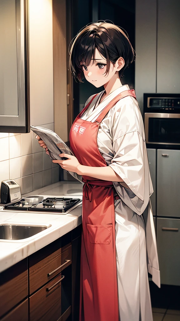 RAW Photos, Natural light, 1. Japanese housewife(30th Generation), Apartment complex kitchen, preparing breakfast, Apron appearance, short hair, Large refrigerator in the background, Famicom on the dining table, Husband reading the newspaper, 80s Appliances, Warm home atmosphere