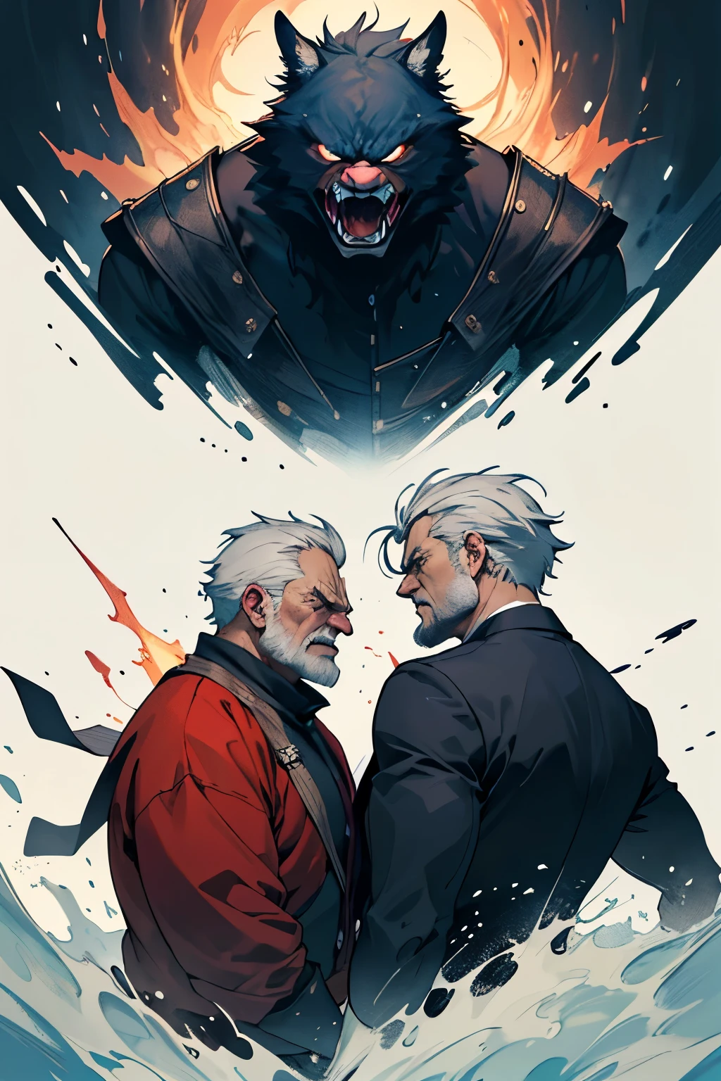 ((best qualityer)), ((work of art)), (detailded), 1 angry old man, medieval world, 1 angry man in suit, the two are fighting each other