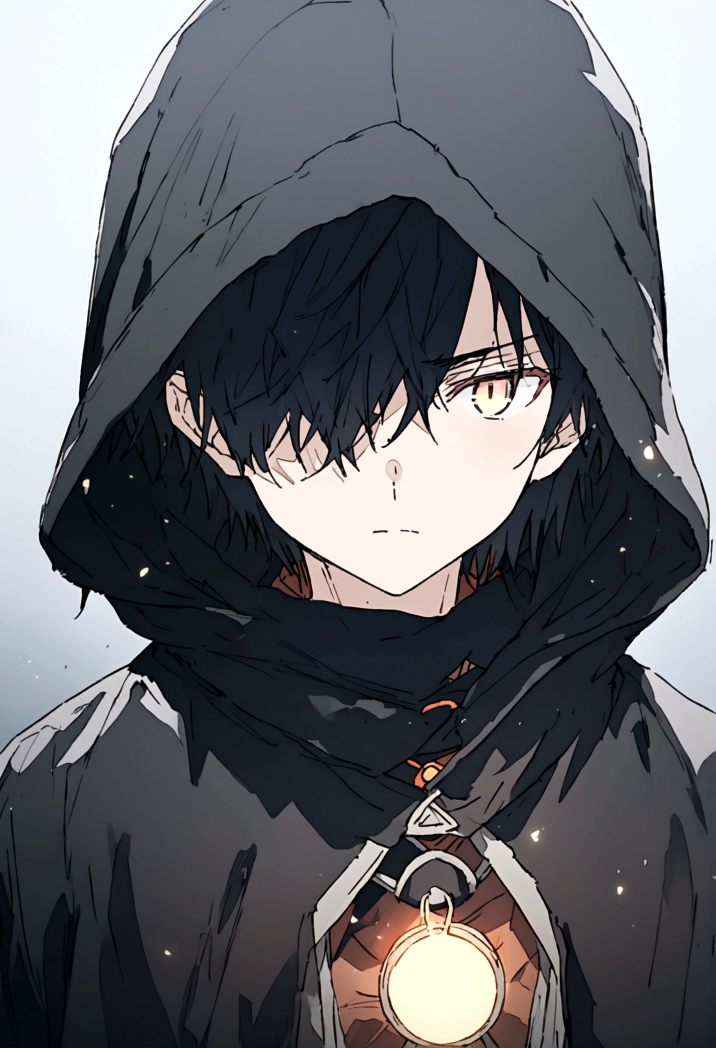 Anime male, black hair, black clothing, tired face expression, best quality, wise, cold-hearted, cool, solo, black fluffy winter hood over head, hood on, black cloak, hair covering over right eye, right eye covered, left eye color is white and is glowing, determined eyes, black shirt, greyish depressing filter tint, Equal eye shapes, great