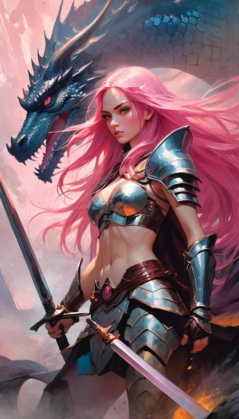 sexy warrior girl in armor, long pink hair, in a battle next to a dragon, fierce battle, dense fog, fire (art inspired in Bill Sienkiewicz). oil painting)