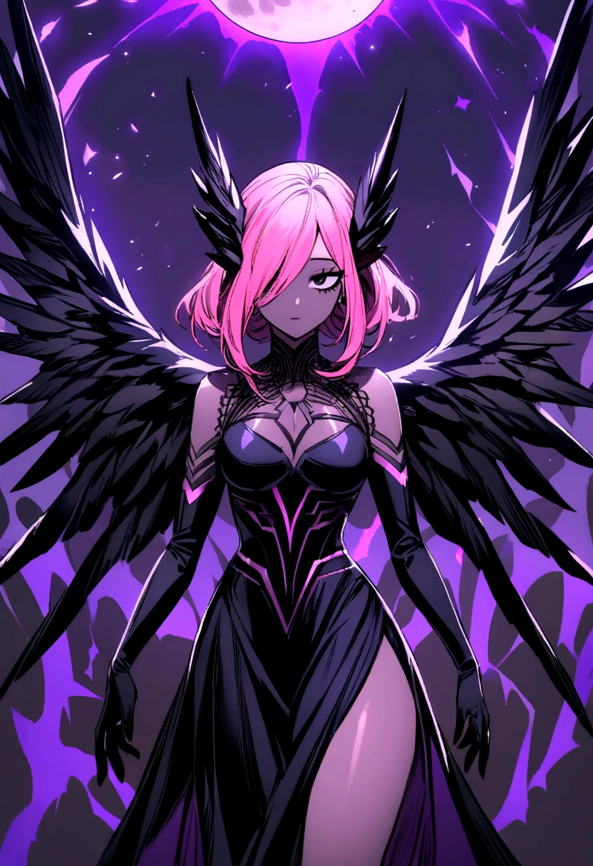 a girl with pink hair, with purple highlights, with a dark complexion in the style of my hero academia as a villain and a purple aura and the moon behind her with broken black wings with black eyes