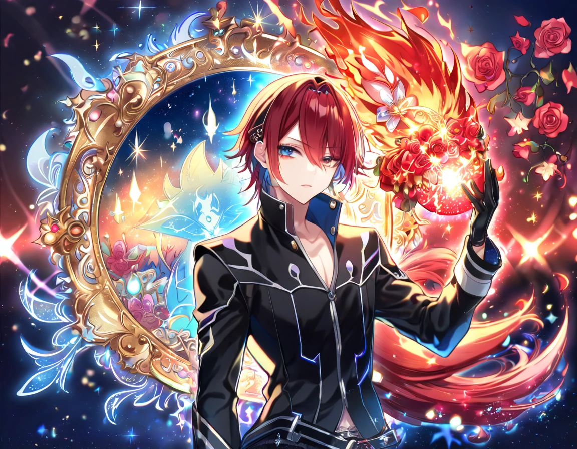 (absurdres, highres, ultra detailed, HDR) master piece, best quality, extremely detailed face, delicated features, Reiki, red hair, ruffled, spiked, with bangs, heterochromia, right eye blue, left eye gray, K Project, solo, sexy man, handsome, black leather jacket, black T-shirt, black leather gloves, magical fantasy, glittering, sparkling, red roses, radiant, red sparkling fireflies, flames, envy magical, fantasy