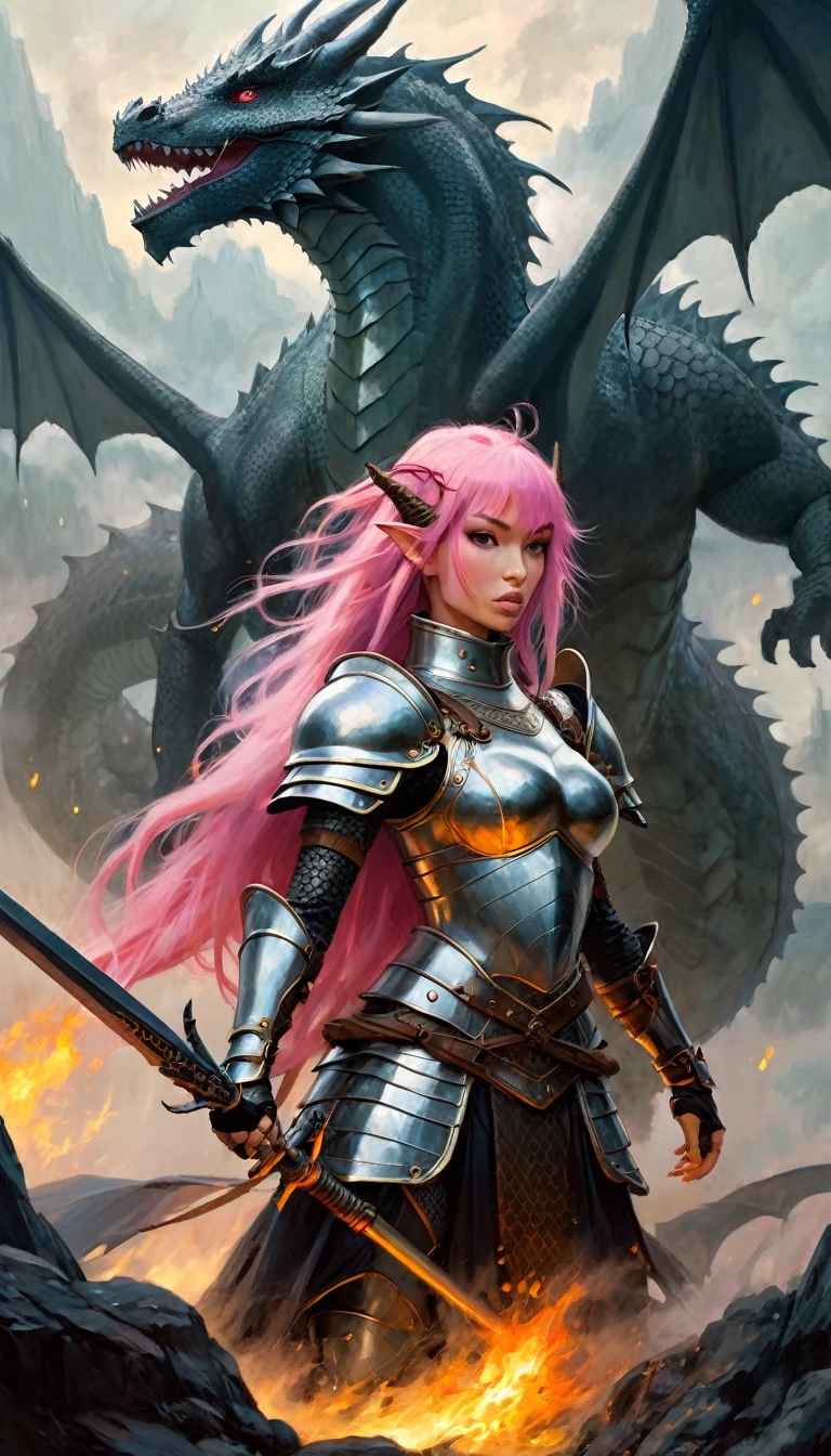 sexy warrior girl in armor, long pink hair, in a battle next to a dragon, fierce battle, dense fog, fire  (art inspired in Dave Mckean). oil painting)
