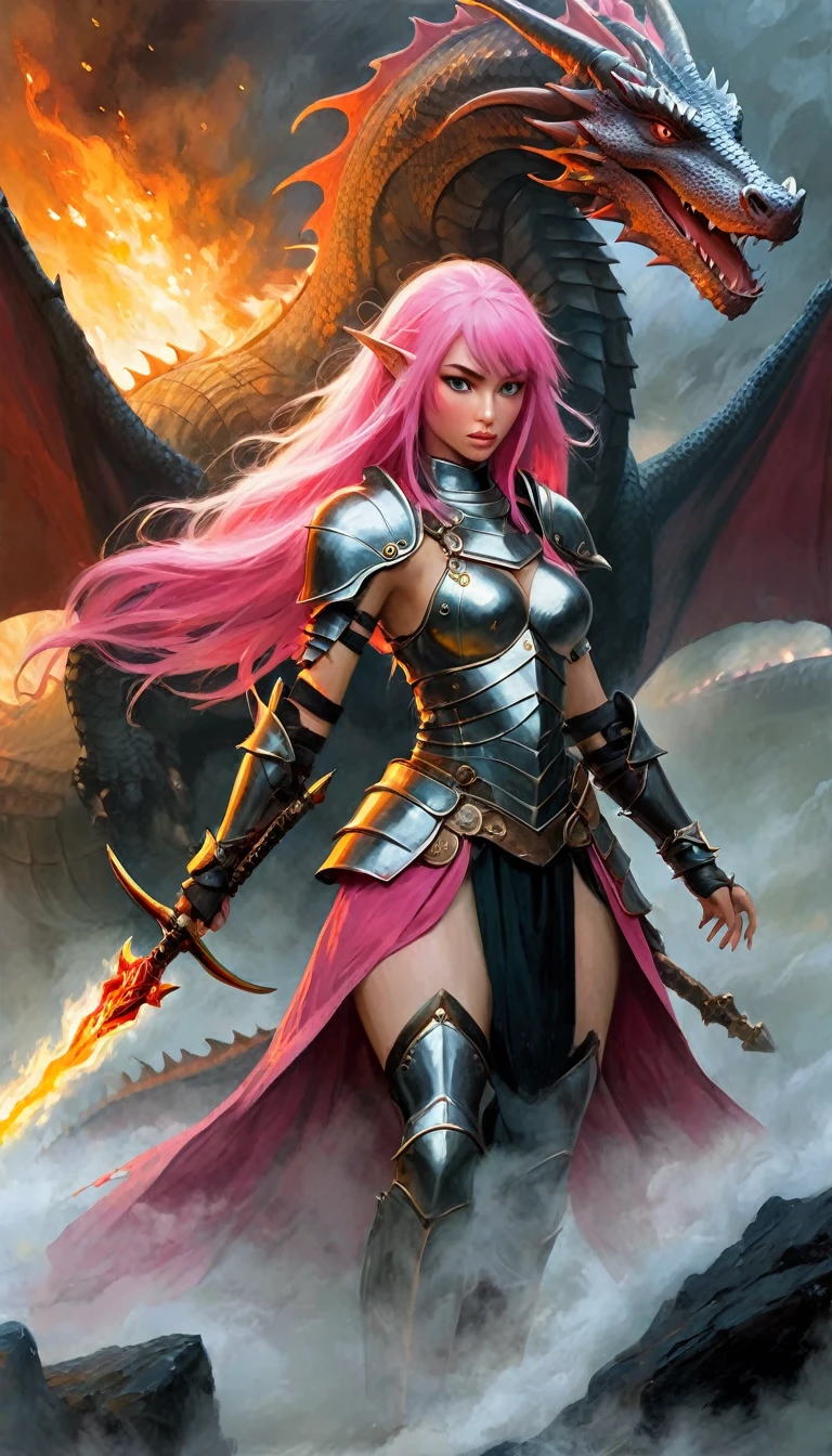 sexy warrior girl in armor, long pink hair, in a battle next to a dragon, fierce battle, dense fog, fire  (art inspired in Dave Mckean). oil painting)
