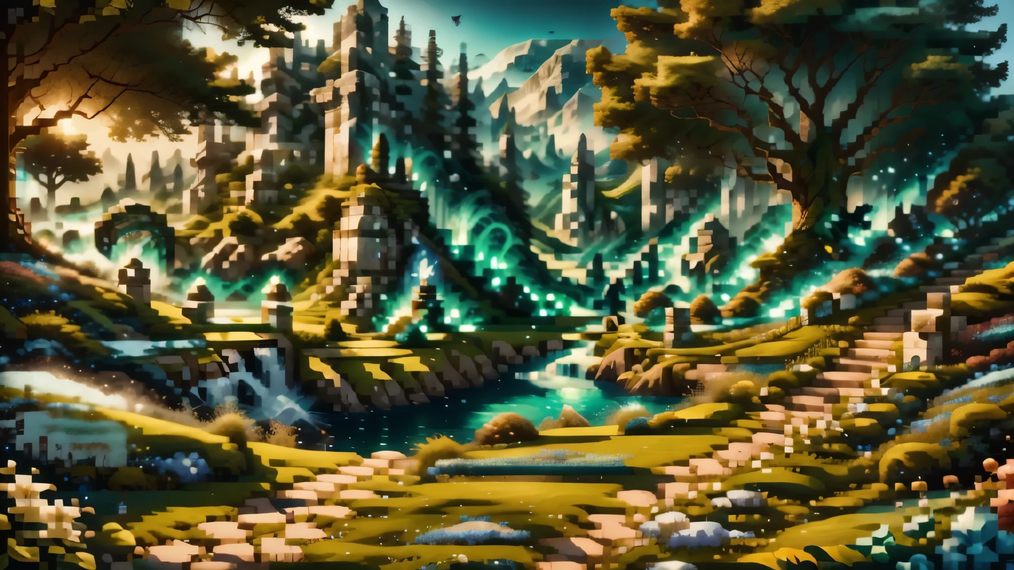 Magical kingdom made of beautiful enchanted white stone sits upon a great cliff overlooking the sea. A beautiful green flag bearing a unique symbol stands in front of the kingdom gates, beautiful woman,