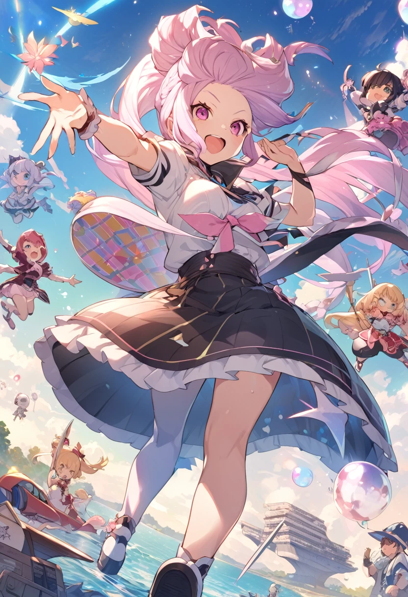 BREAK Perfect Anatomy、(High resolution:1.2)、Incredible illustrations、(Cute illustrations:1.2)、()(cinematic angle,) （Beautiful background,aircraft carrier flight deck) ((Daikokuten,Bishamonten,Ebisuten,Shou Lao Ren,Fulu Shou,Benzaiten,Budai-zun),magical girl costume)