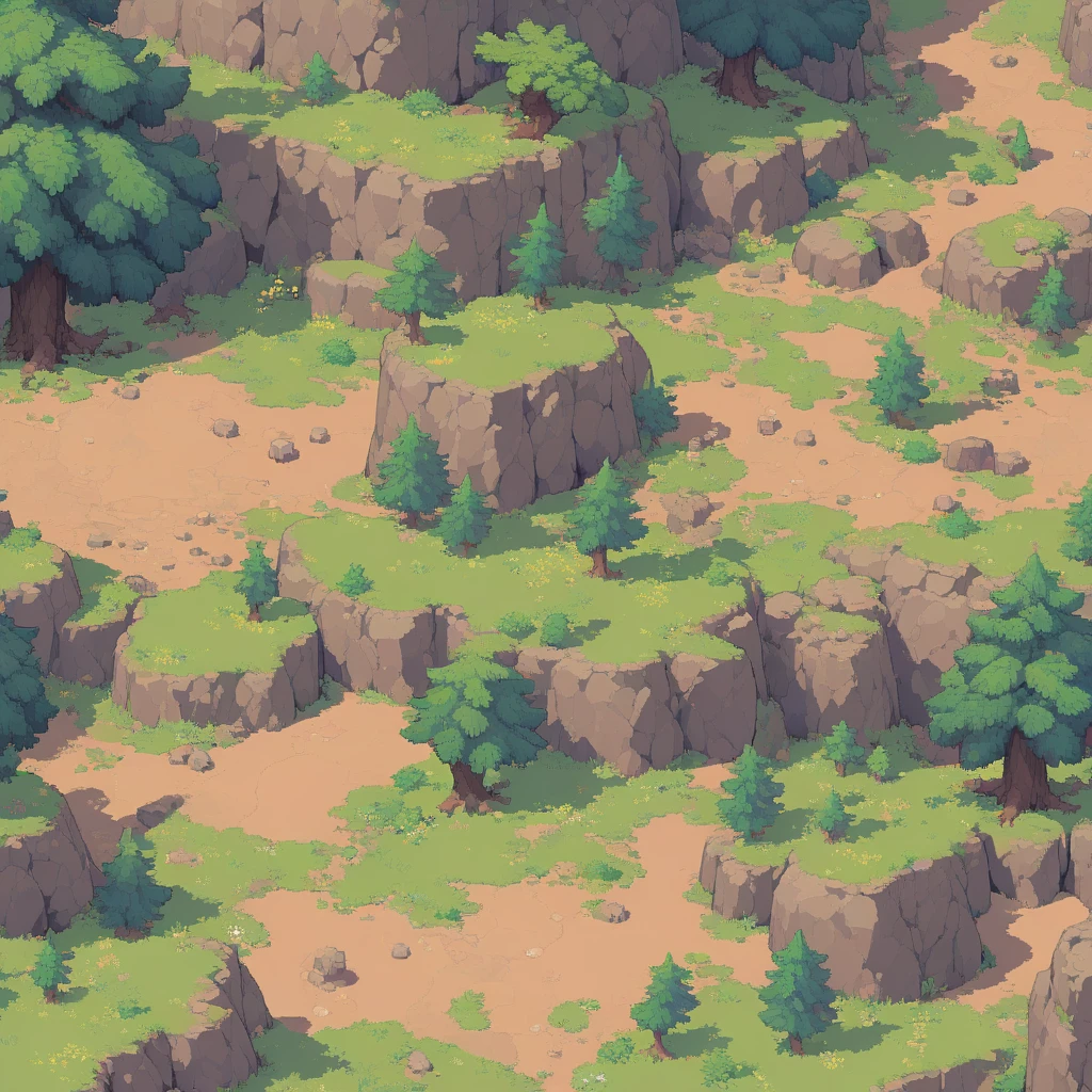 retro video game style,pixelated, vibrant pastel colors,8-bit characters,blocky shapes,sharp lines,detailed shading,classic gaming vibe,nostalgic atmosphere,classic arcade games,masterpiece:1.2,ultra-detailed,illustration style, 2d texture, stone texture, 4 k seamless mud texture, video game texture, dirt texture, tileset, game tiles, grass, 3/4th perspective trees, 3/4th perspective tileable rock texture, 3/4th perspective tileable cliff formations, tileable trees, topdown view, game texture, game art, tileable texture, very detailed cliff texture, intricate stones, top down view, 3/4th perspective