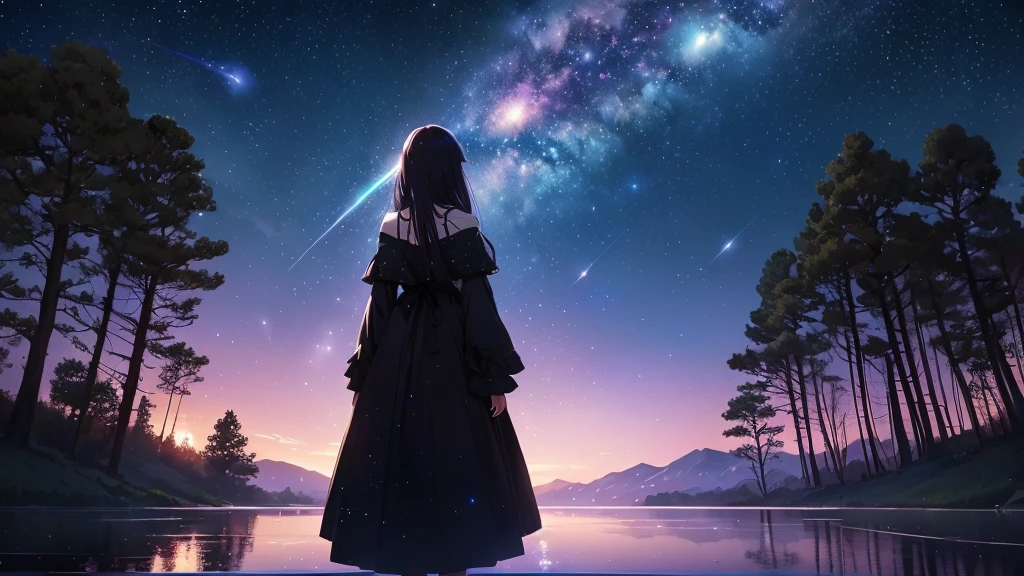 Anime girl gazing at the stars in the sky, The girl stares into space, Anime Style 4k, 4k anime wallpaper, near a galaxy, On a galaxy-like background, Anime girl with space-like hair, Anime Art Wallpapers 8K, anime art wallpaper 4k, anime art wallpaper 4k, The endless universe in the background, anime wallpaper 4k, anime wallpaper 4k