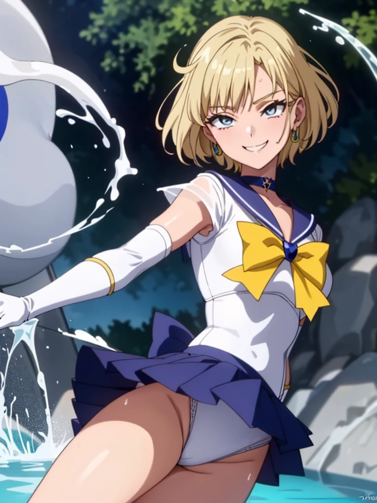 (NFSW, +18, Erotic anime art )、(Highest quality:1.1), (masterpiece:1.4), (Absurd:1.0), Portraiture, close,
1, Sailor Uranus, Kizuki Eye,, Big and ample breasts, Aqua Eye, Blonde, Sailor Warrior Uniforms, Sailor collar, Chest Bow, Yellow ribbon, Attractive skirt, White elbow gloves, By the pool, (smile:1.2), Looking at the audience, Erect nipples、Showing panties、Ultra mini skirt、Micro Panties、(Dynamic pose:1.2)、(Downから見る:1.2)、、Spread your legs.(Browsing Caution:1.2)、(Down :1.2)、Crotch Focus、Dynamic Angle,Soaking a lot of white slime Pee Clear yellow liquid flowing from the crotch Sweaty Clothes are wet and transparent The surrounding area is filled with white slime, Cloudy liquid A pool full of white slime White slime dripping from above