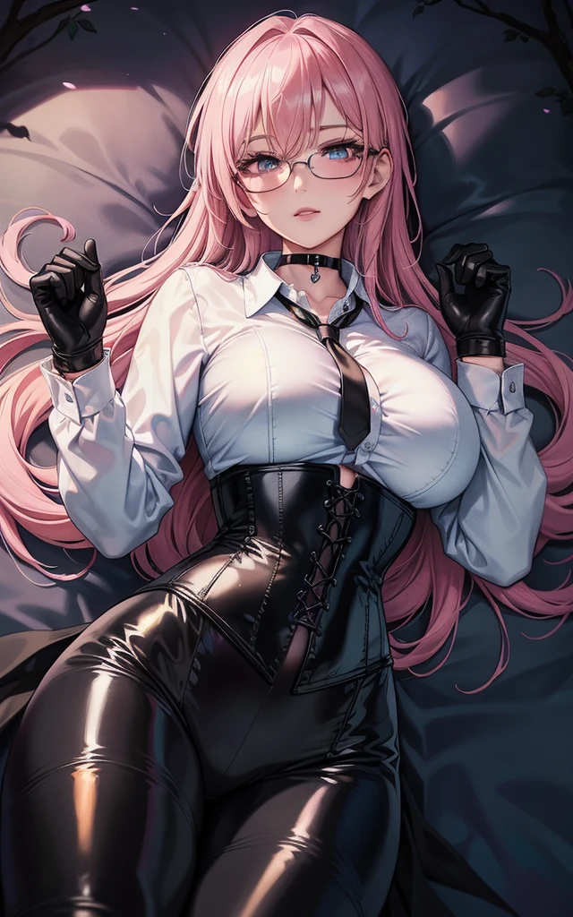 Masterpiece, Beautiful art, professional artist, 8k, art style by sciamano240, Very detailed face, Detailed clothing, detailed fabric, 1 girl, perfectly drawn body, pose sexy, lying on the ground, beautiful face, long hair, blue eyes, very detailed eyes, pink cheeks, shy expression, glasses, choker:1.6, (long sleeve white collar buttoned shirt), black gloves, gloves covering hands, (black leather corset), (shiny black leggings), sensual lips ,  evening de invierno, show details in the eyes, View from above, looking at the viewer, dark path, dark forest, evening, Atmosphere, fog