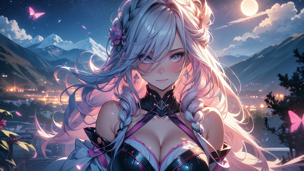 (overhead view), mature woman, 1girl, CG illustration, (masterpiece, best quality, ultra-detailed), sharp focus, detailed face, face focus, extremely detailed eyes, long hair, crown braid, hair over shoulder, sky-blue hair, pink eyes, long eyelashes, (blush, small smile), delicate makeup, big breasts, bare shoulders, cleavage, ((colors of clothing: pink, white, with purple and black ribbons)), ((moon, night, fireflies, blue particles surrounds, mountains in distance, waterfall behind, breeze)), cinematic lighting, rim lightning, ray tracing, shadowing, dynamic angle