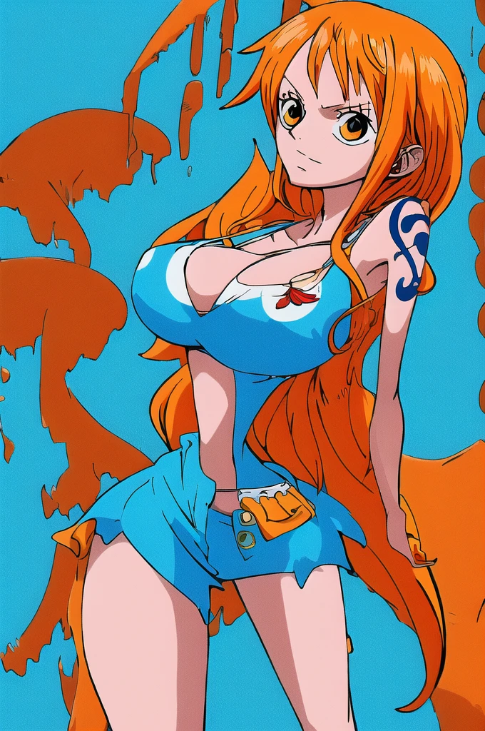 masterpiece, best quality, highres, nami (one piece), long hair, orange hair, bikini, beach, anime art style