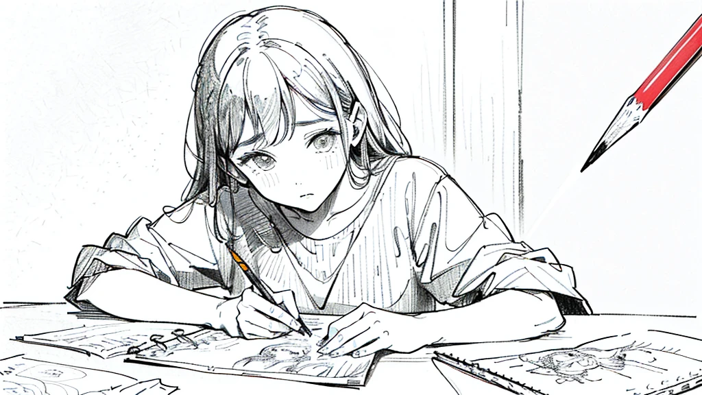 (((pencil art:1.2、line drawing、black and white art:1.2)))、Black and white world、silence、None、A look of boredom、precise、work of art:1.5, writing