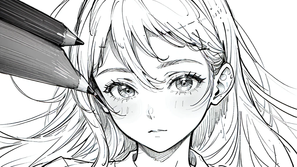 (((pencil art:1.2、line drawing、black and white art:1.2)))、Black and white world、silence、None、A look of boredom、precise、work of art:1.5, writing