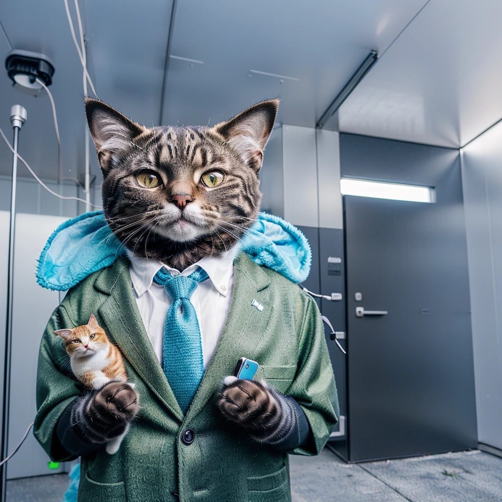 There is a cat holding a cell phone and a pen, with written badge "MANAGER", anthropomorphic cat, cyberfied, in the background there is a highly technological office combining, small anthropomorphic animal, with hat and old clothes from the 17th century, macro photography in thick grass, dew drops reflecting the environment, super detailed toy, you can see every wool of the toy, you can see every shrvcik in the clothes, dragging all your things on you, cute animal, fluffy toy,