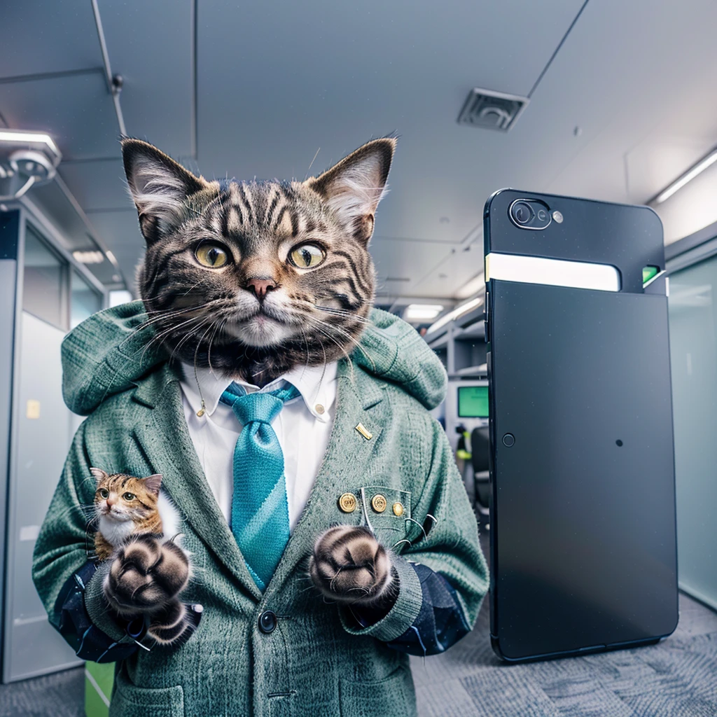 There is a cat holding a cell phone and a pen, with written badge "MANAGER", anthropomorphic cat, cyberfied, in the background there is a highly technological office combining, small anthropomorphic animal, with hat and old clothes from the 17th century, macro photography in thick grass, dew drops reflecting the environment, super detailed toy, you can see every wool of the toy, you can see every shrvcik in the clothes, dragging all your things on you, cute animal, fluffy toy,