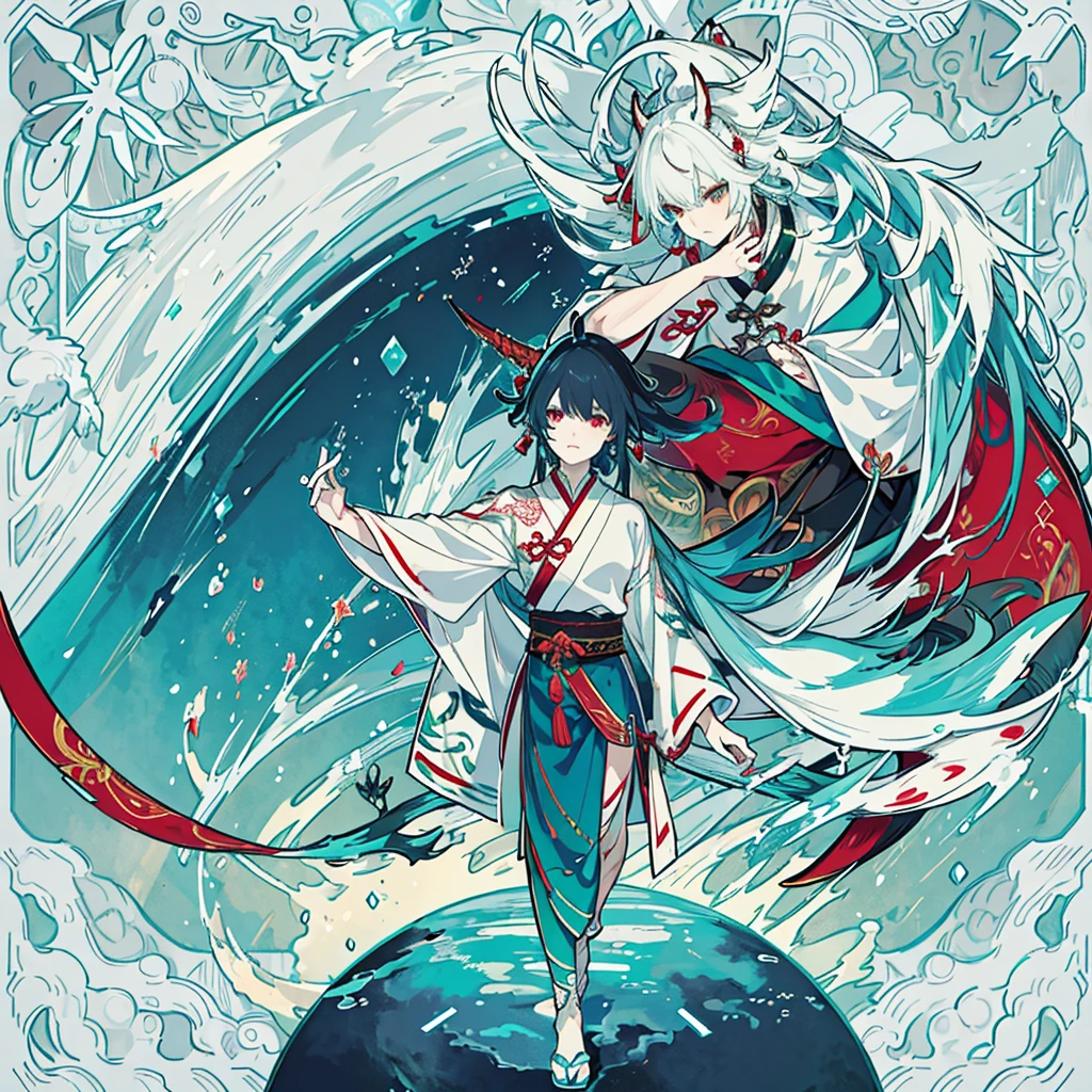 a hybrid age chinese dragon boy, medium and slender body, turquoise scales, thin arms, short and messy dark turquoise hair, a horn on the forehead, small and pointed ears with traditional red earrings, iridescent pale eyes, wearing white and turquoise traditional japanese style clothing with red patterns, long chinese dragon tail with turquoise patterns, profile, 1 male character, pale skin, dark turquoise hair, Kaeya Genshin Impact, Final Fantasy XIV, attack pose, (best quality,4k,8k,highres,masterpiece:1.2),ultra-detailed,(realistic,photorealistic,photo-realistic:1.37),intricate details,hyper realistic,dramatic lighting,cinematic,digital art,illustration,fantasy,concept art