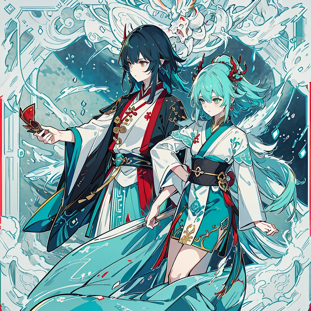 a hybrid teenage chinese dragon boy, medium and slender body, turquoise scales, thin arms, short and messy dark turquoise hair, a horn on the forehead, small and pointed ears with traditional red earrings, iridescent pale eyes, wearing white and turquoise traditional japanese style clothing with red patterns, long chinese dragon tail with turquoise patterns, profile, 1 male character, pale skin, dark turquoise hair, Kaeya Genshin Impact, Final Fantasy XIV, attack pose, (best quality,4k,8k,highres,masterpiece:1.2),ultra-detailed,(realistic,photorealistic,photo-realistic:1.37),intricate details,hyper realistic,dramatic lighting,cinematic,digital art,illustration,fantasy,concept art