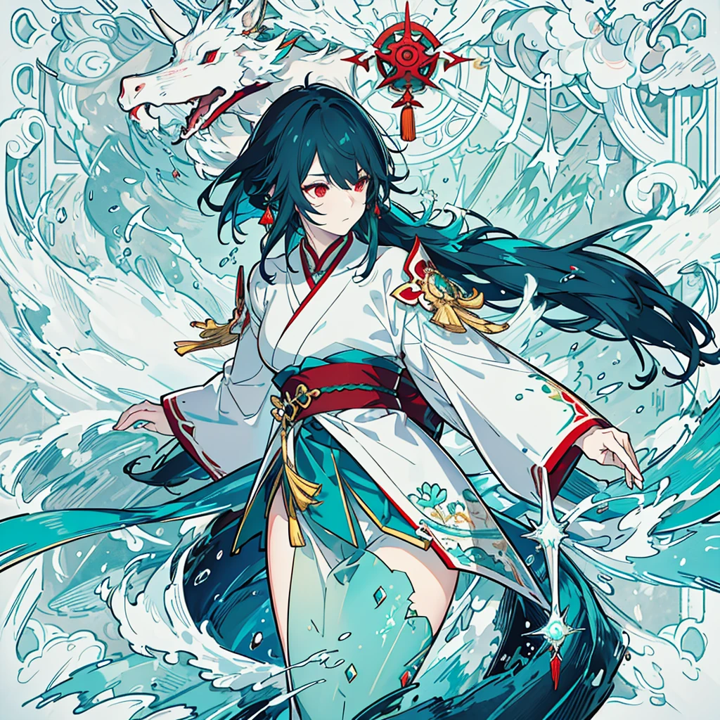 a hybrid teenage chinese dragon boy, medium and slender body, turquoise scales, thin arms, short and messy dark turquoise hair, a horn on the forehead, small and pointed ears with traditional red earrings, iridescent pale eyes, wearing white and turquoise traditional japanese style clothing with red patterns, long chinese dragon tail with turquoise patterns, profile, 1 male character, pale skin, dark turquoise hair, Kaeya Genshin Impact, Final Fantasy XIV, attack pose, (best quality,4k,8k,highres,masterpiece:1.2),ultra-detailed,(realistic,photorealistic,photo-realistic:1.37),intricate details,hyper realistic,dramatic lighting,cinematic,digital art,illustration,fantasy,concept art