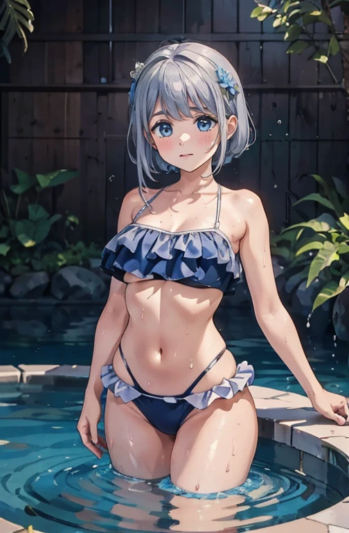 (best qualityer, masterpiece1.8), cute painting, a woman in a swimsuit in the water, wet swimsuit wear, is wearing a swimsuit wear, water armor, blue scales covering her chest, in water up to your shoulders, stands in a pool of water, swimsuit wear, scales covering her chest, wearing two - piece swimsuit wear, Nothing, with blue skin, deep blue skin, water demon, silver hair (hypdertailed)