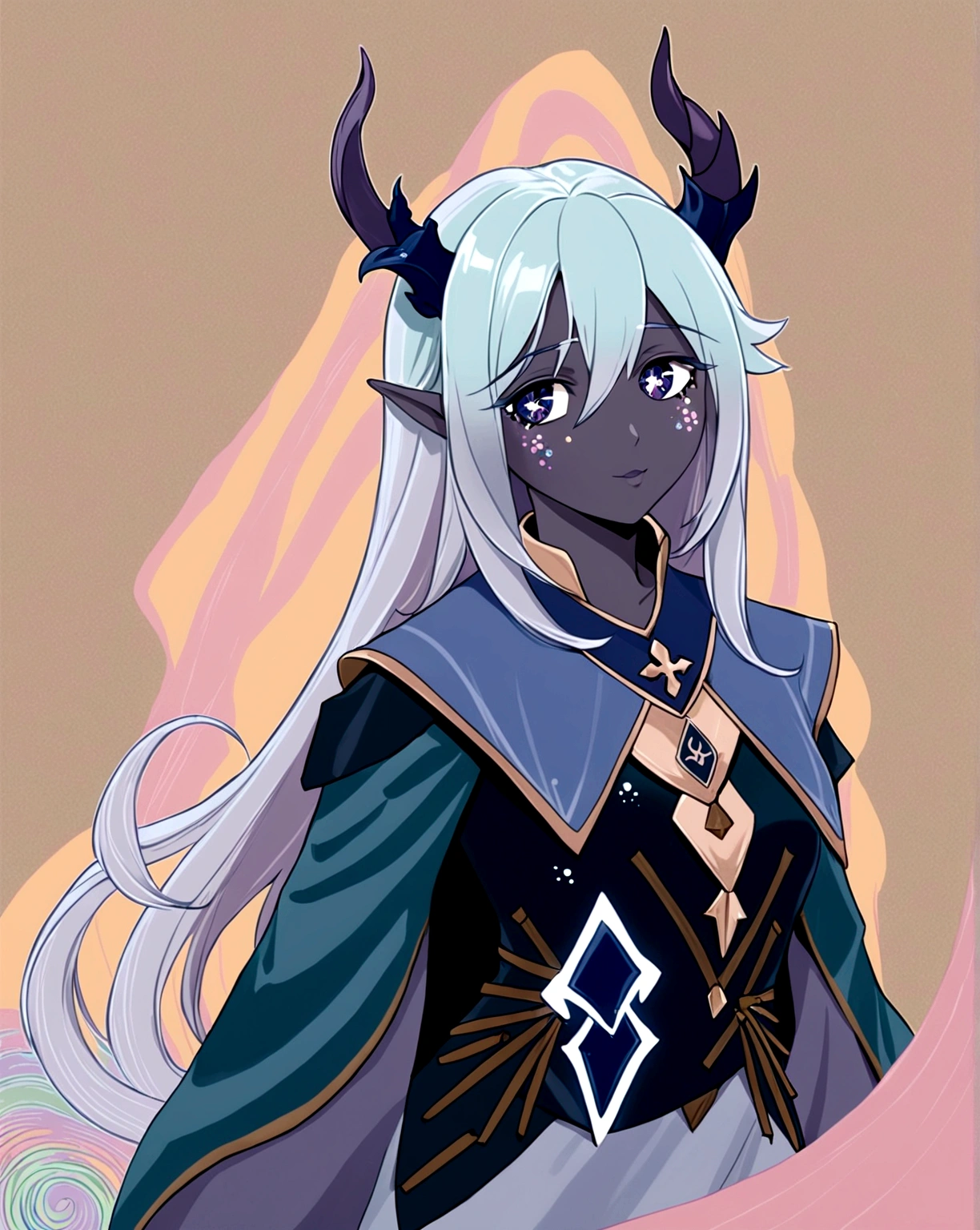 Create My Cleric of Selune Medieval RPG Character, possesses an incomprehensible angelic beauty, with dark, soft skin, long silver hair and dark eyes with only bright golden irises. His horns curve gracefully above his head, and its long, thin tail ends in a point that resembles an arrowhead. She usually wears light, flowing clothes in shades of blue and white., adorned with silver details. Use Aavaros from the Dragon Prince anime as a base for the appearance.