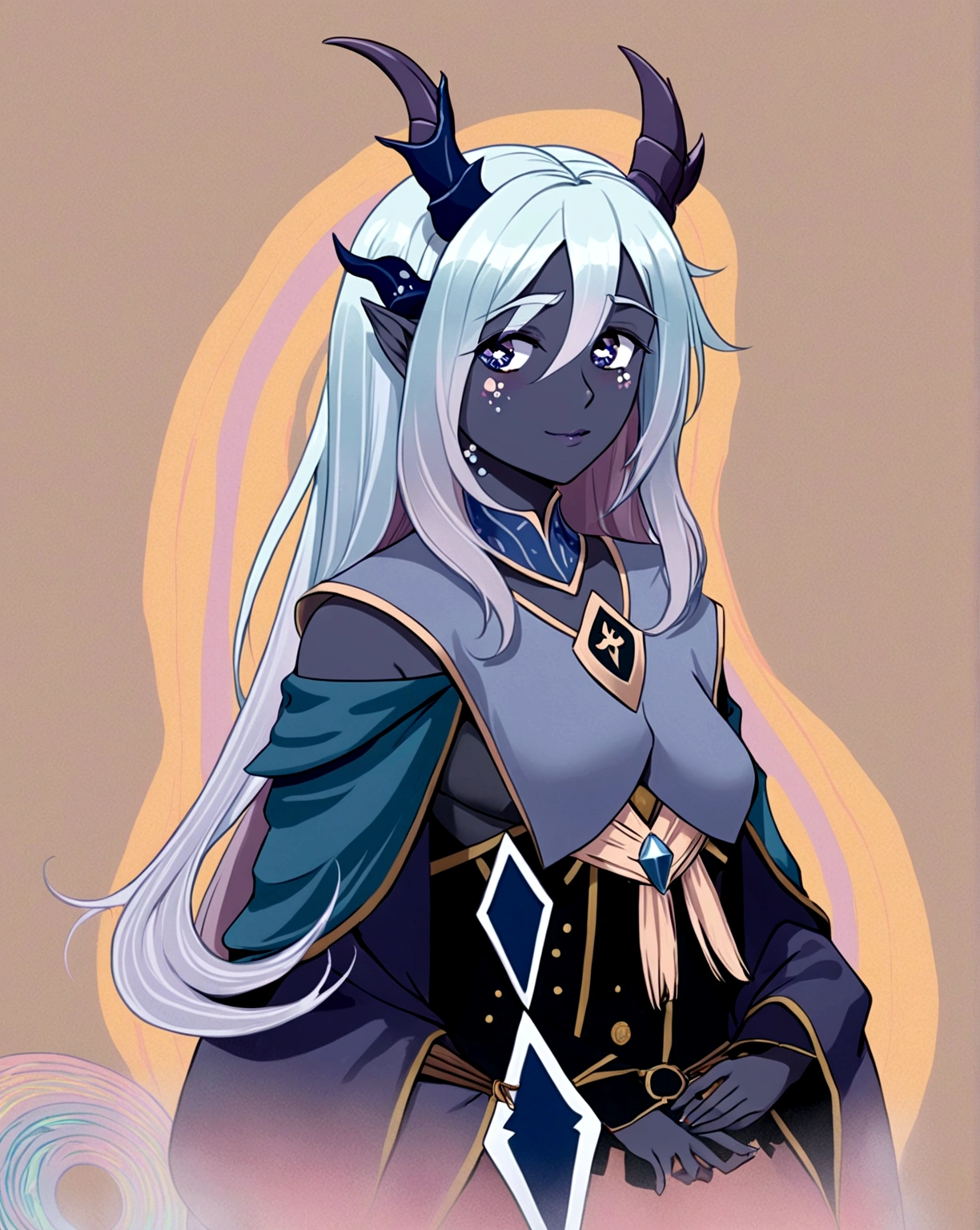 Create My Cleric of Selune Medieval RPG Character, possesses an incomprehensible angelic beauty, with dark, soft skin, long silver hair and dark eyes with only bright golden irises. His horns curve gracefully above his head, and its long, thin tail ends in a point that resembles an arrowhead. She usually wears light, flowing clothes in shades of blue and white., adorned with silver details. Use Aavaros from the Dragon Prince anime as a base for the appearance.