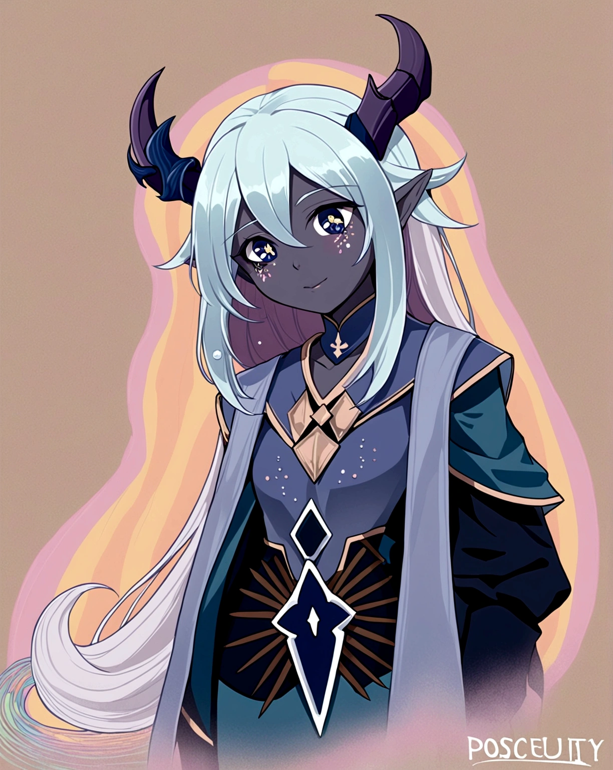 Create My Cleric of Selune Medieval RPG Character, possesses an incomprehensible angelic beauty, with dark, soft skin, long silver hair and dark eyes with only bright golden irises. His horns curve gracefully above his head, and its long, thin tail ends in a point that resembles an arrowhead. She usually wears light, flowing clothes in shades of blue and white., adorned with silver details. Use Aavaros from the Dragon Prince anime as a base for the appearance.