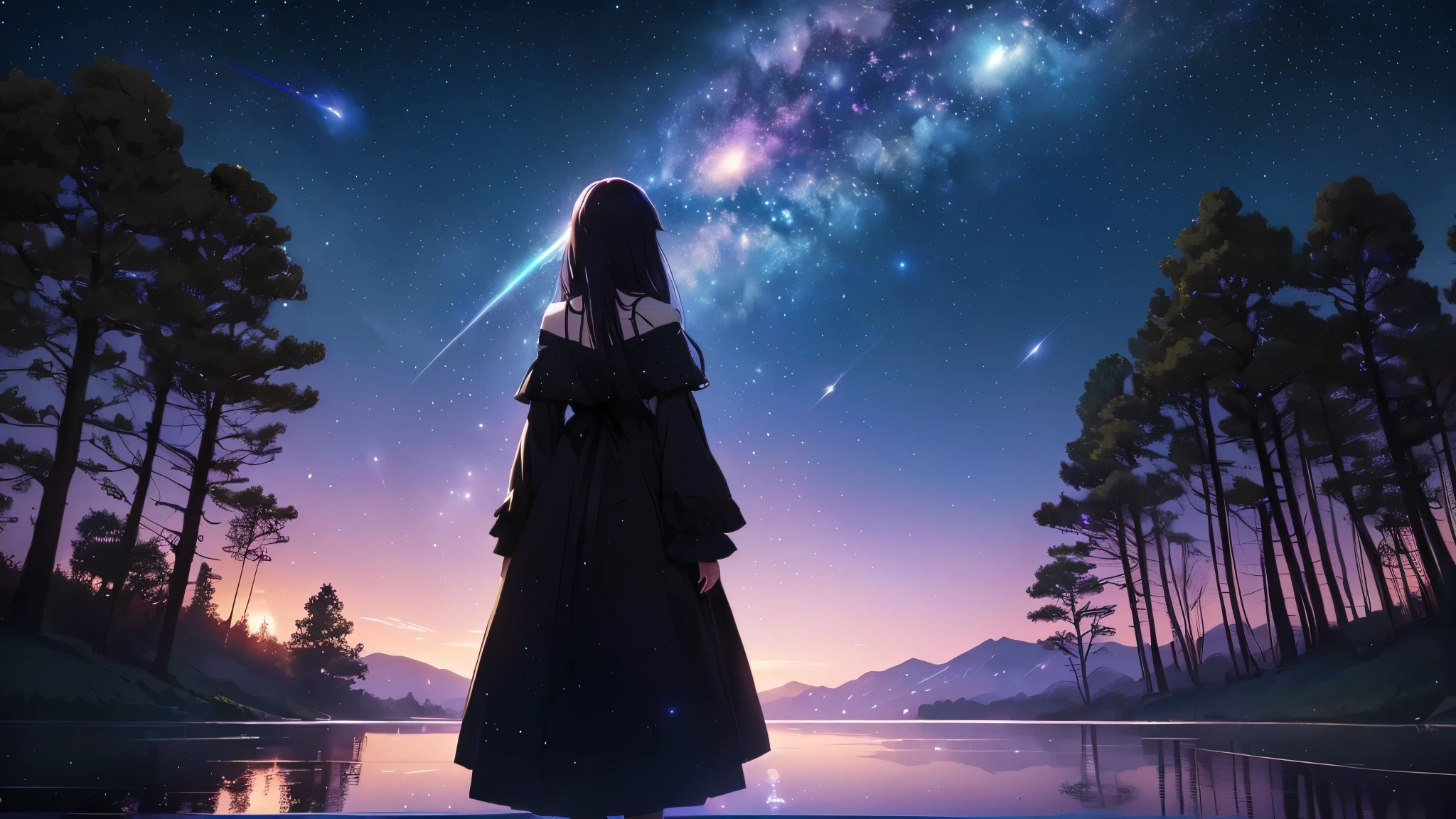 Anime girl gazing at the stars in the sky, The girl stares into space, Anime Style 4k, 4k anime wallpaper, near a galaxy, On a galaxy-like background, Anime girl with space-like hair, Anime Art Wallpapers 8K, anime art wallpaper 4k, anime art wallpaper 4k, The endless universe in the background, anime wallpaper 4k, anime wallpaper 4k