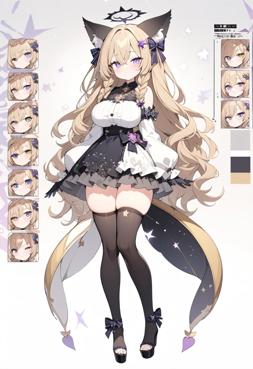 1 tall girl, Dark blonde long hair, slim build, wavy hair with knee length curls, small face, sectoral heterochromia (one gray eye and one purple eye), star ribbon on the right side of the hair, She has a short double braid on the left and right side of her head..... , extremely detailed face, Beautiful detailed eyes, beautiful detailed lips. short height 180cm, adorable, extremely detailed legs, (Best Quality, 4k, 8k, high resolution, Masterpiece: 1.2), ultra detailed, Exquisite and epic character art..., Amazing modern character trending theme..., character design (Character Reference Sheet: 1.10, Full body front and rear angle..), Black long stockings with elegant gear design..., Black platform heels, One Piece Long Ruffle Dress., black shoulder length gloves with gold star patterns, light gray belt over the dress, black necklace with heart emblem on the neck. Black serval ears on head..., It has a succubus tail that ends in a star shape..... Wide hips. Wears a black halo with purple star patterns.. big breast size