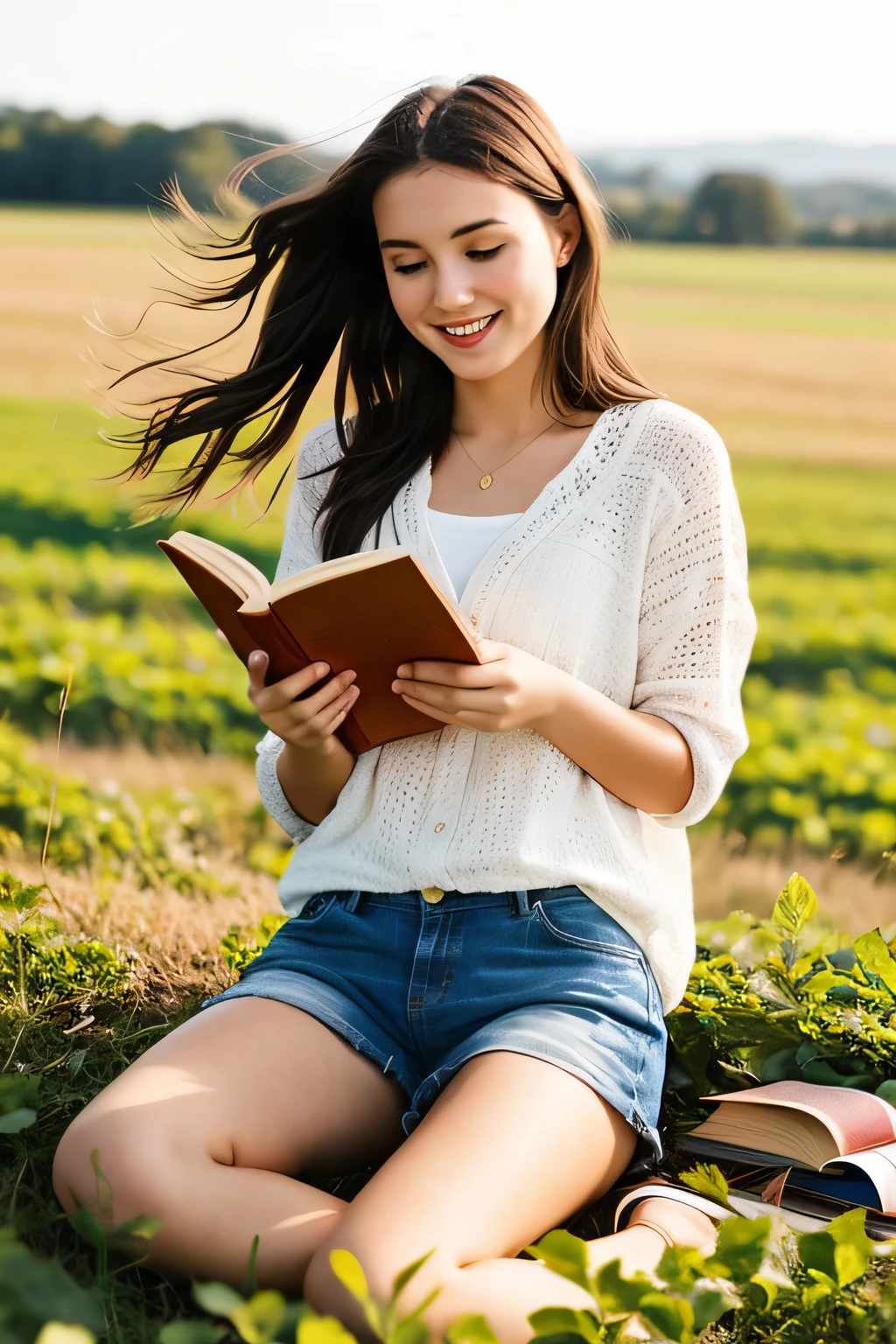 A very pretty lively girl of 20 years old who is in the field reading a book