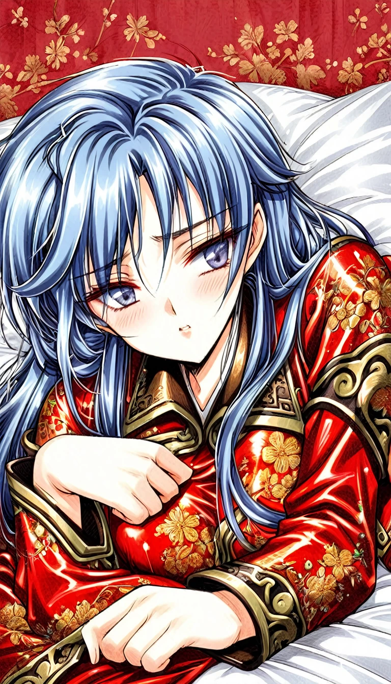 Beautiful 15 year old Chinese Kung Fu girl princess with short blue hair　Gorgeous embroidery, Ultra glossy, She is wearing shiny red long sleeve floral pajamas....　She lays on the red enamel futon and closes her eyes