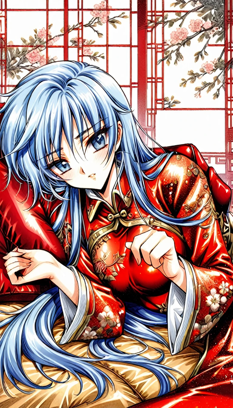 Beautiful  Chinese Kung Fu girl princess with short blue hair　Gorgeous embroidery, Ultra glossy, She is wearing shiny red long sleeve floral pajamas....　She lays on the red enamel futon and closes her eyes