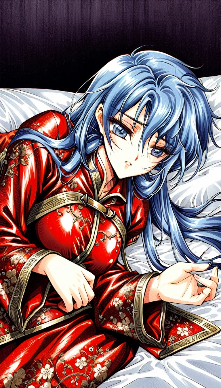 Beautiful 15 year old Chinese Kung Fu girl princess with short blue hair　Gorgeous embroidery, Ultra glossy, She is wearing shiny red long sleeve floral pajamas....　She lays on the red enamel futon and closes her eyes