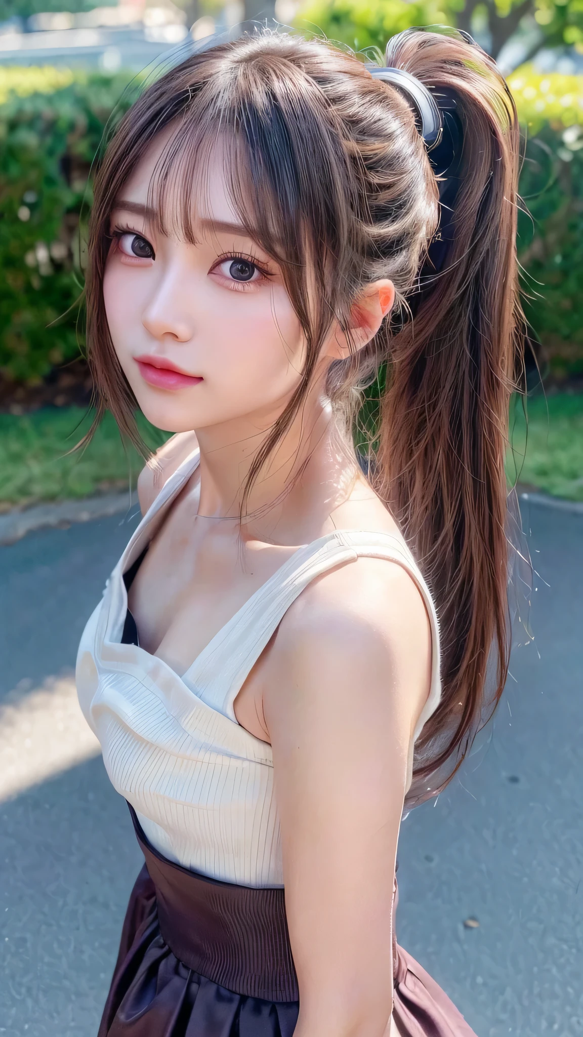 One piece with collar,outdoors,Urban Park,On the lawn,Ultra-detailed, finely detail, hight resolution, 8K Wallpaper, Perfect dynamic composition, Beautiful detailed eyes,Outdoor,Close-up of face,Outdoor,Blushing,Facing forward,,Long hair ponytail,((8k, Raw photo, Best Quality, Mastepiece:1.2), (Realism, Photorealistic:1.4), (Highly detailed 8K wallpapers), Depth of written boundary, Cinematic Lighting, Soft Light, Detailed Beauty Eye,Shiny and smooth light brown ponytail, Asymmetrical bangs, Shiny skin, Ultra-detailed skins ,It is high resolution., High detail, Detailed hairstyle, Detailed facial beauty, Hyper-realistic, Perfect limbs, Perfect Anatomy ,1 Japanese girl,Famous Japanese Idols, Perfect female body,A shy smile,Short eyelashes,Double-edged eyelids,Look straight here,Hair style: ponytail,
