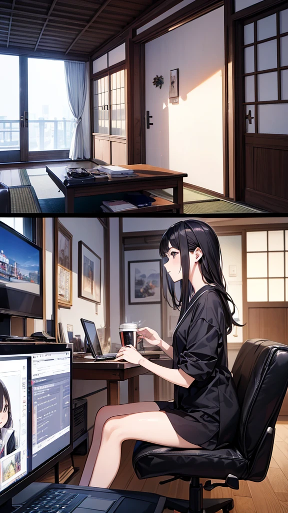 high quality, 8K, 1. Japanese women(20th Generation), Remote, Living room at home, Working on a laptop, Smart Casual, Wireless Earphones, Houseplants in the background, Coffee cup, Modern interior, Video conference screen