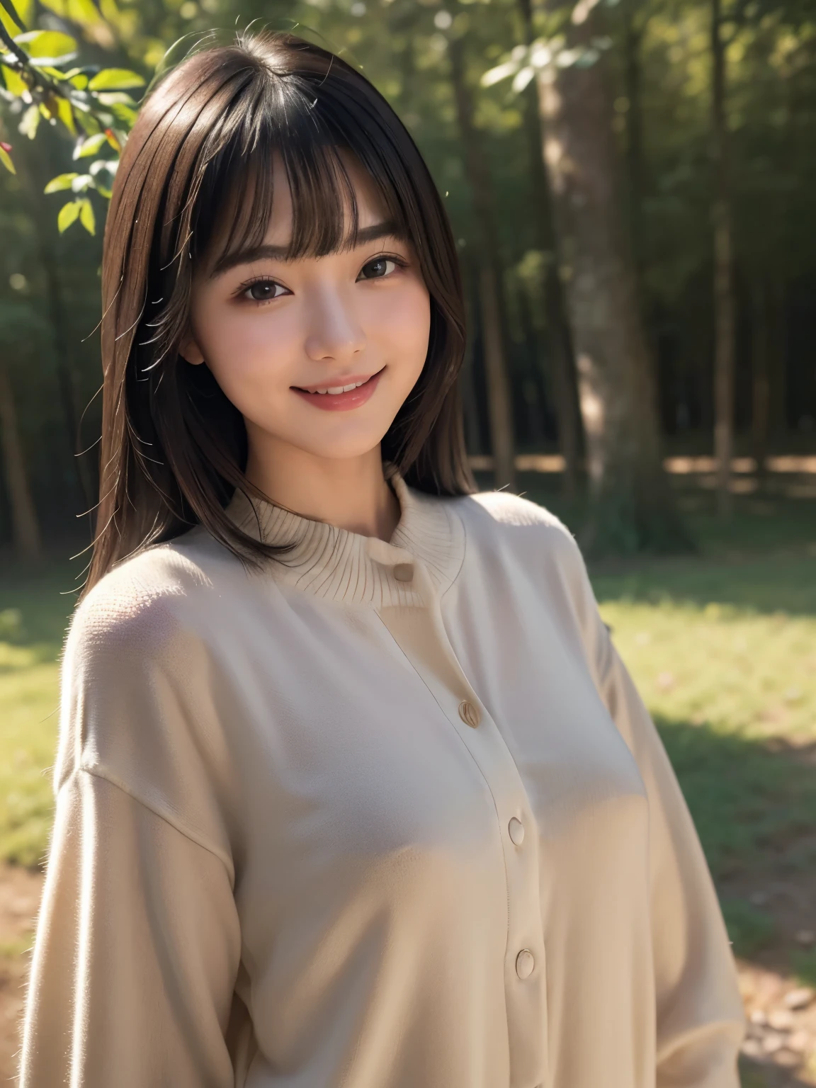 (highest quality,masterpiece:1.3,ultra high resolution),(Super detailed,caustics),(realistic:1.4,RAW shooting),1 girl,flat bangs、look at the camera with a smile、japanese countryside、Blurred background、warm clothes、forest bathing
