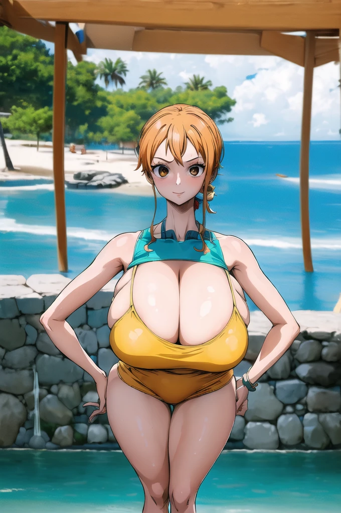 (((masterpiece))), (((best quality))), ((1girl)), highres, sexy, thicc waist, thick thighs, full body, massive breasts, whole body in the picture, sexy pose, skin reflection, glowing skin, light reflect on body , looking at you, perfect face, full body, HDR, UHD, 8K, Highly detailed, extreme detail description, Professional, absurd details, absurd res, detailed background, highest quality, high resolution, clean picture, one piece, nami, beach backgound, anime art style