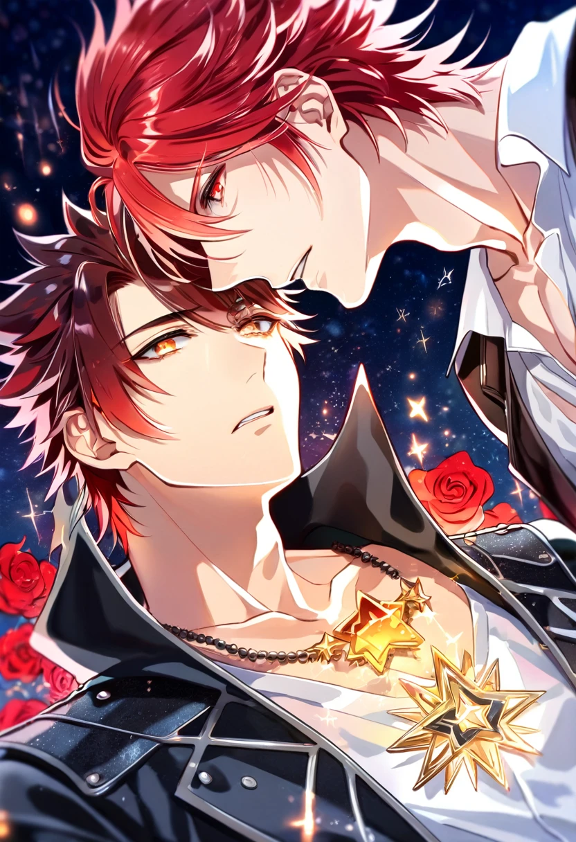 (absurdres, highres, ultra detailed, HDR) master piece, best quality, Suoh Mikoto, red hair, hair is kept short, ruffled, slicked back and spiked, with two strands of hair near the opposite sides of his head falling over his face, expressive amber eyes, black leather jacket with a black fur collar, a white V-neck shirt underneath, silver star-shaped necklace, K Project, Reiki, red hair, with bangs, expressive amber eyes, two sexy men together, gay couple, yaoi, handsome, toned chest, black leather jacket, magical fantasy, glittering, sparkling, red roses, radiant, red sparkling fireflies, flames